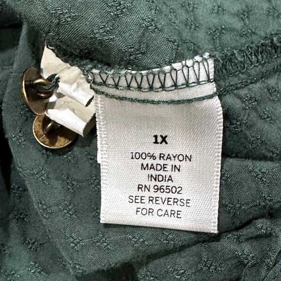 Dressbarn Top Women Plus 1X Green Bohemian Peasant Prairie Cottage Earthy Henley - Picture 6 of 8